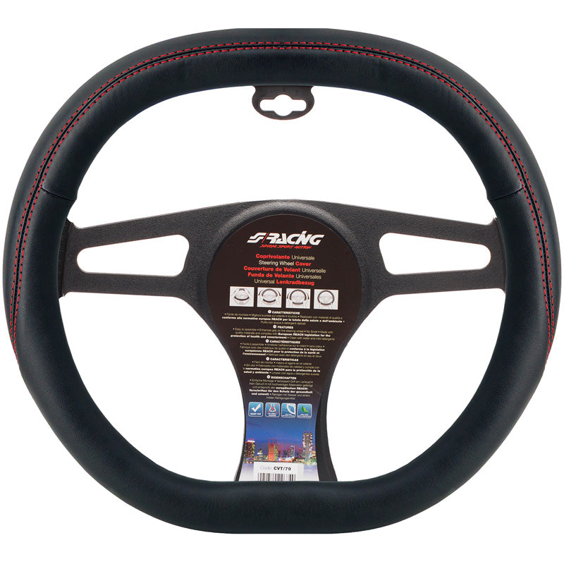 Simoni Racing, housse de volant, similicuir noir + couture rouge, 37-39cm, forme carrée
