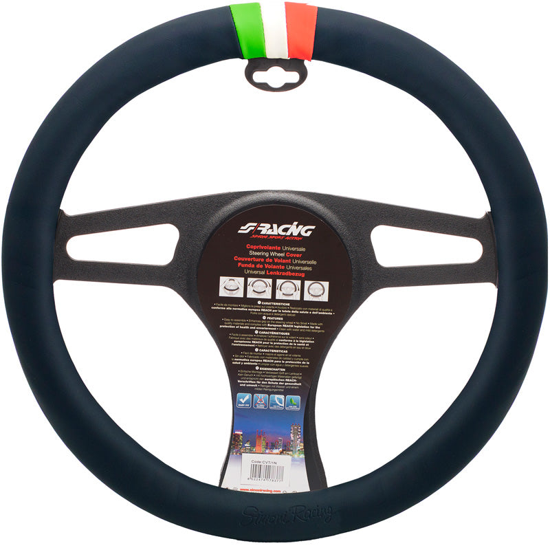 Simoni Racing, housse de volant, similicuir noir & drapeau italien, 37-39cm
