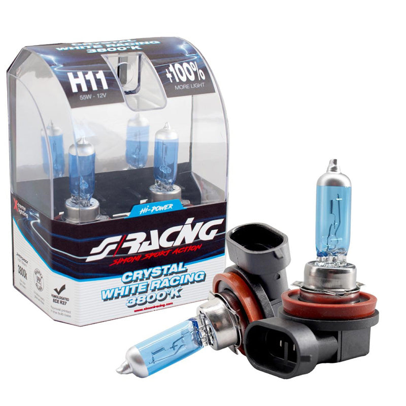Simoni Racing, ampoules halogènes 'Crystal White Racing' H11 (3800K) 12V/55W - Lot de 2 pcs. ECE-R37 marquage E