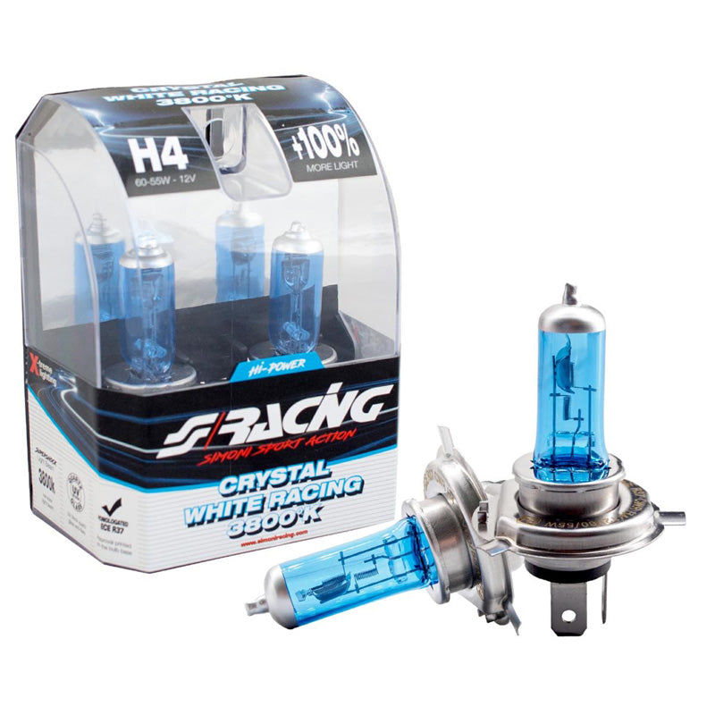 Simoni Racing, ampoules halogènes 'Crystal White Racing' H4 3800K 12V/60-55W - Lot de 2 pcs. ECE-R37 marquage E
