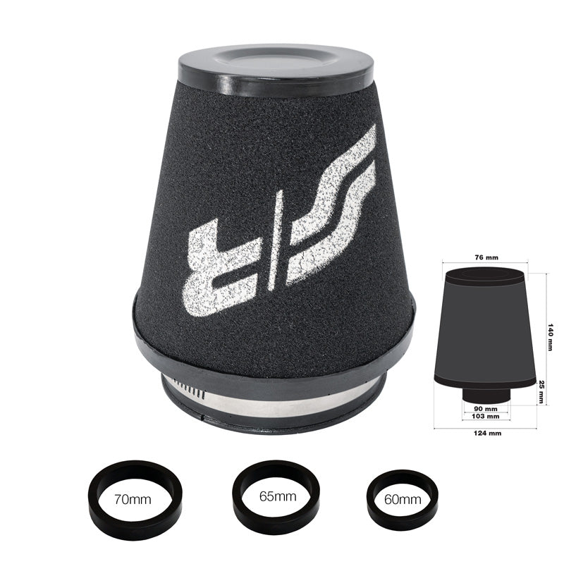 Simoni Racing, filtre à air universel en mousse - 124/76mm - noir - incl. 3 bagues adaptatrices