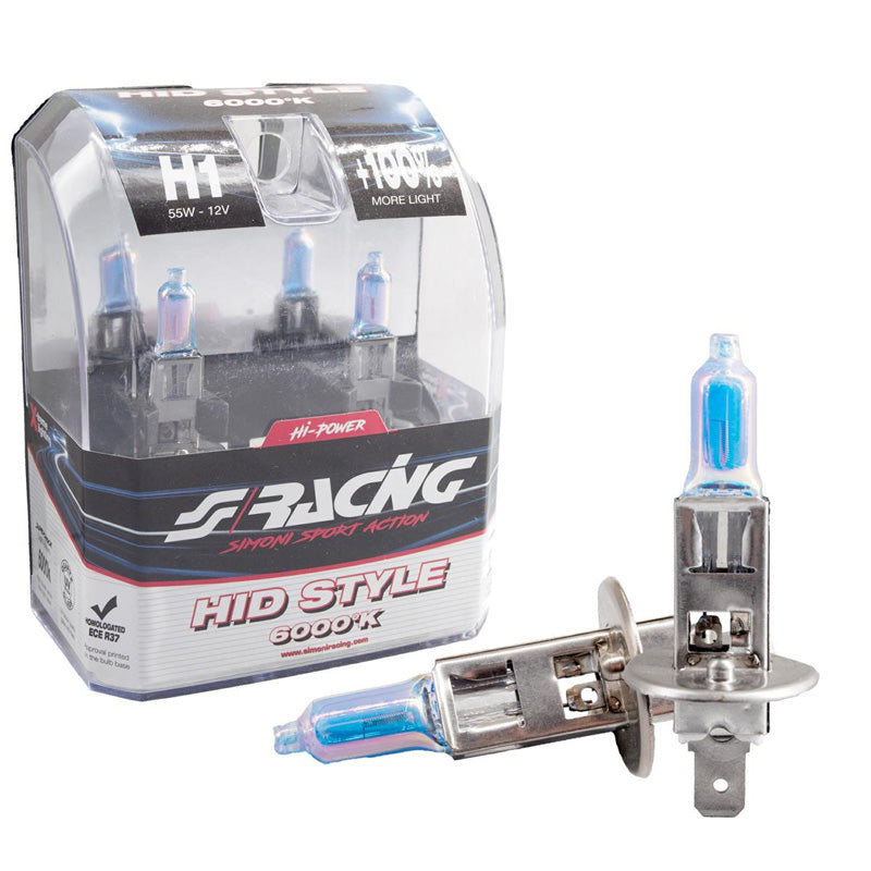 Simoni Racing, Ampoules halogènes 'HID Style' H1 (6000K) blanc hyper froid 12V/55W - Lot de 2 pcs. ECE-R37 homologué E
