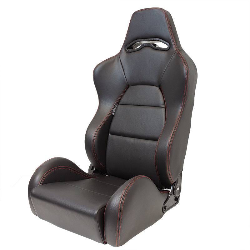 AutoStyle, Sports Seat 'Eco' - Black synthetic leather with red stitching - Right adjustable backrest - Includes rail system