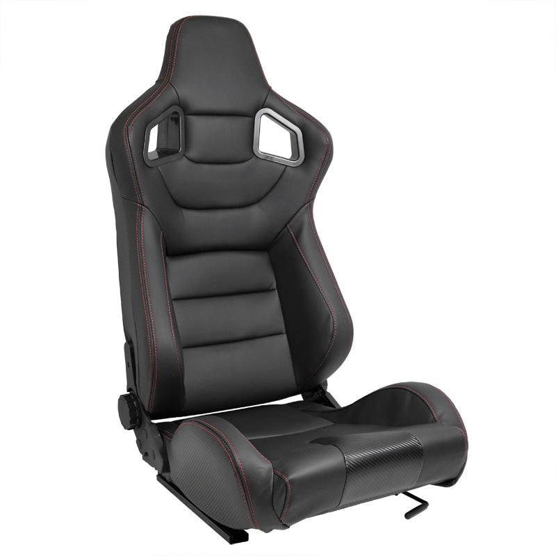 AutoStyle, Sport Seat 'RK' - Black Leather Look with Red Stitching - Double-Adjustable Backrest - Incl. Sliding Rails