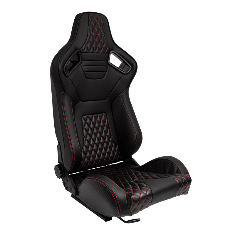 AutoStyle, Sports Seat 'AK' - Black leather look with red stitching - Double adjustable backrest - incl. rails