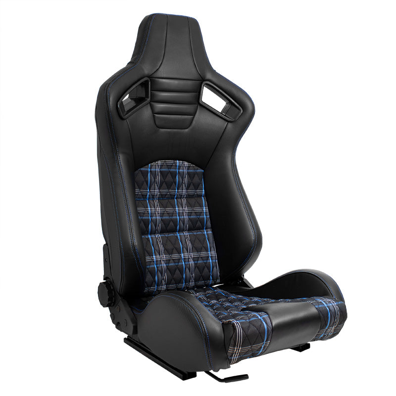 AutoStyle, siège baquet sport 'GT' - cuir synthétique noir + tissu bleu à carreaux - dossier doublement réglable - rails coulissants inclus