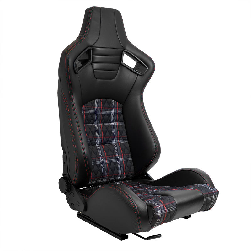 AutoStyle, siège baquet sport 'GT' - aspect cuir noir + motif à carreaux rouges + surpiqûres rouges - dossier doublement réglable - rails coulissants inclus
