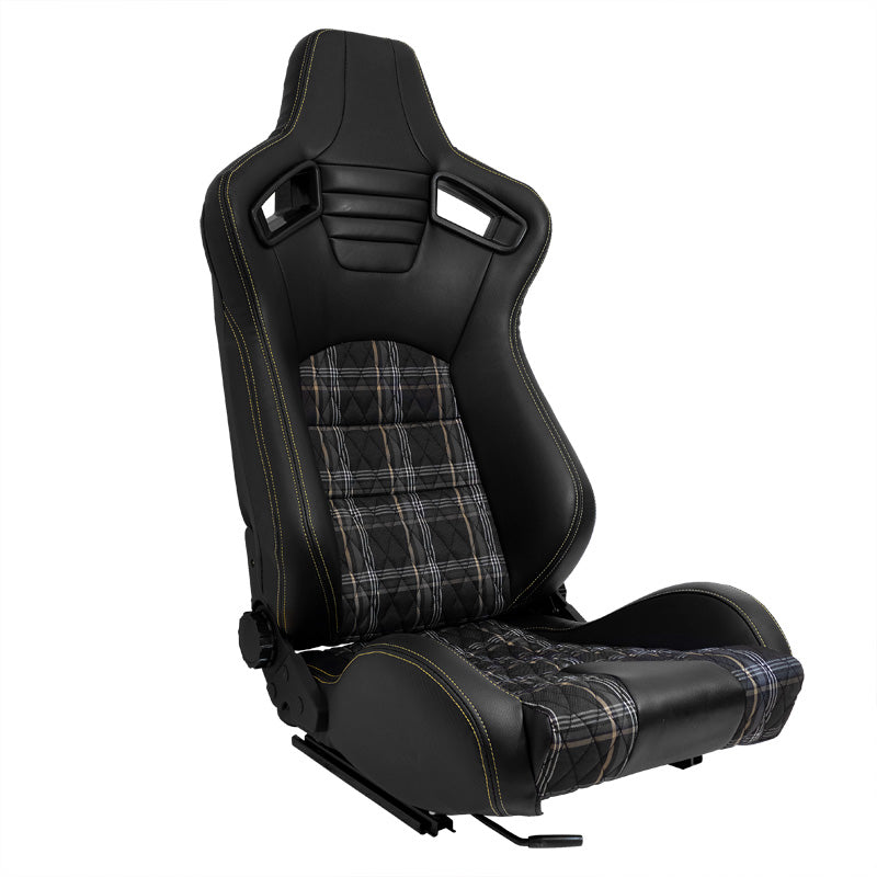 AutoStyle, siège baquet sport 'GT' - aspect cuir noir + tissu à carreaux jaunes + surpiqûres jaunes - dossier doublement réglable - rails inclus