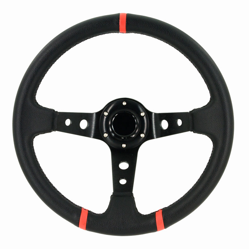 AutoStyle, Sport Steering Wheel with Deep Dish - Ø350mm - Black PVC leather + Black spokes + Red stripes