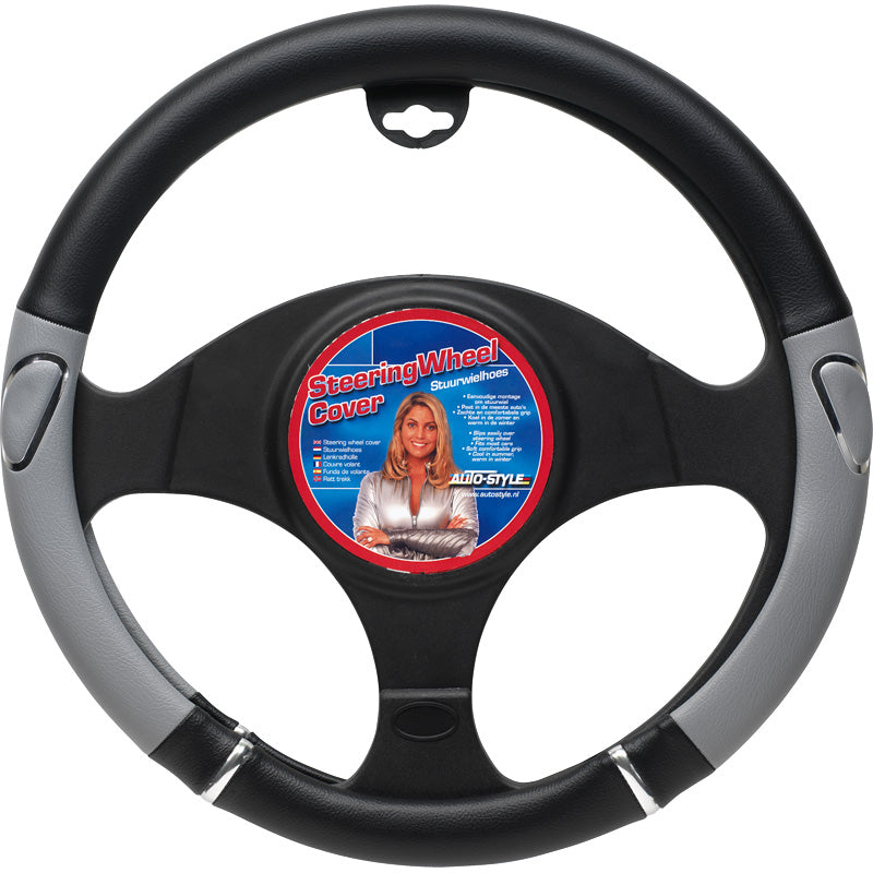 AutoStyle, Universal Steering Wheel Cover - Black/Grey/Chrome