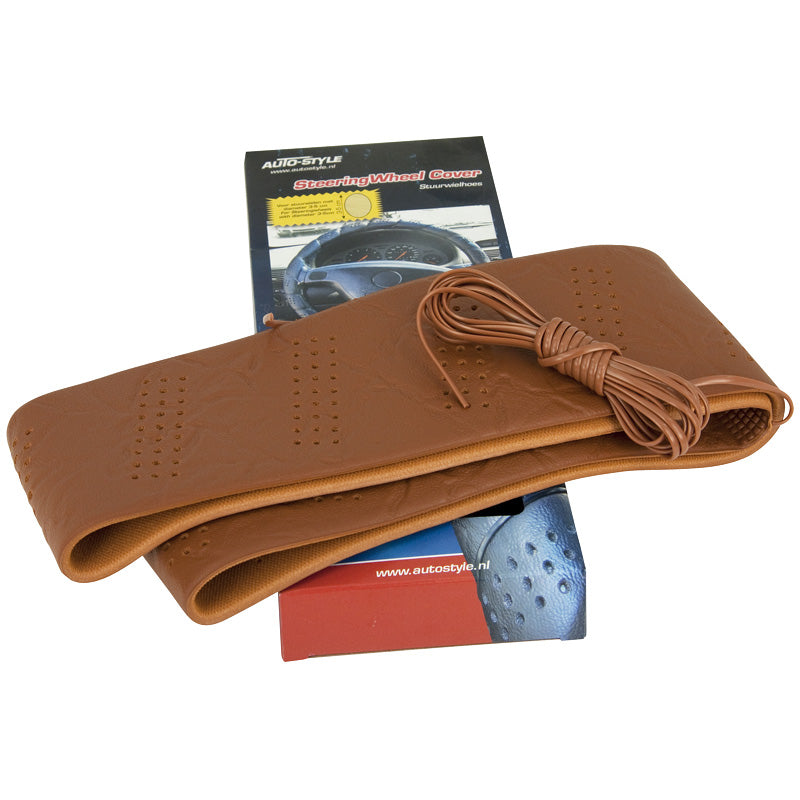 AutoStyle, Universal Steering Wheel Cover with Drawstring Closure - Brown - 3-5cm
